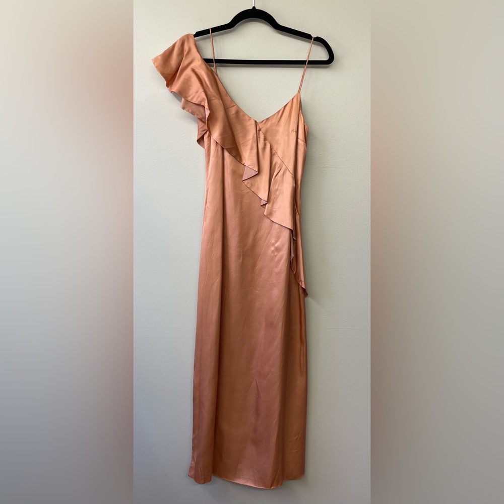 AMUR Peach Midi Dress Size 0 XS Ruffles Romantic Satin Statement Sleeves